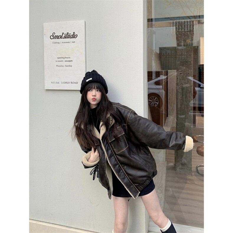 Cuitcuit 秋冬pu面美拉德翻领皮夹克美式复古宽松加厚羊羔绒棉服图片
