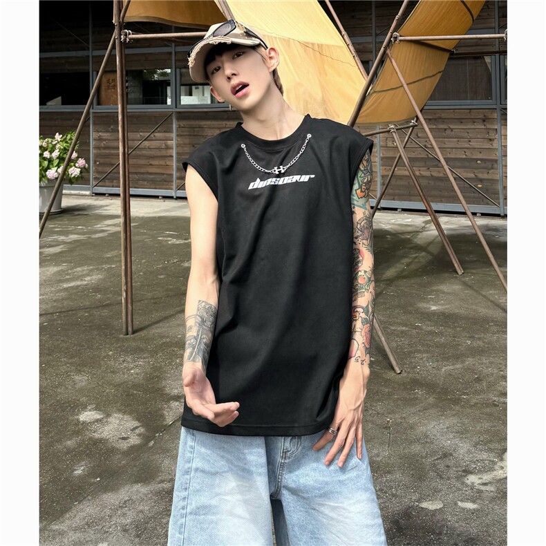 现货2025夏嘻哈项链字母麂皮绒背心无袖T恤A025-B349-P25控38,男装背心/马甲,电商A025