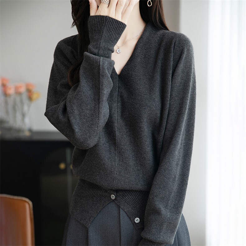 法式高级灰V领针织衫女2025新宽松显瘦打底衫内搭巨好看加厚毛衣,针织衫/毛衣,远腾羊绒
