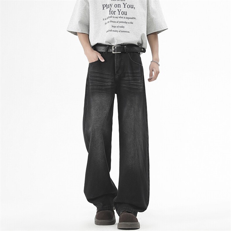 GENIOLAMODE蓝色美式复古水洗牛仔裤秋季男士新款直筒宽松弯刀裤，男装牛仔裤，电商D325