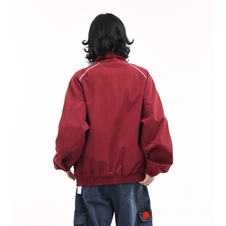 美式格子拼接红色外套秋季新款宽松拉链夹克运动上衣HH149P65,男装夹克,星座1013-5