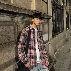 扎染格子衬衫男女宽松潮牌痞帅格纹春秋情侣外套CS002-批55控68图片