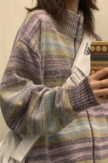 彩虹条纹拉链毛衣开衫男款秋冬季美式复古撞色渐变立领针织衫外套，男装针织衫/毛衣，星座908-1