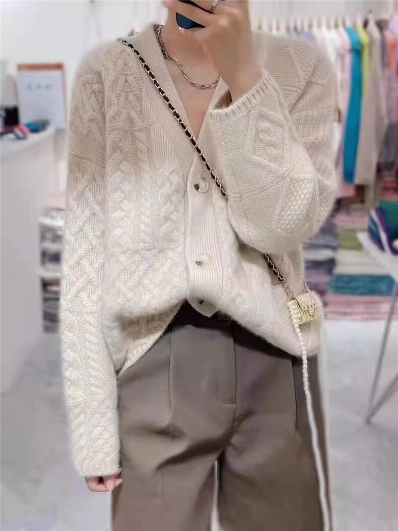 秋季新款舒适显瘦时尚百搭重磅纽花V领针织开衫长袖,女装羊毛衫,恒恩羊绒