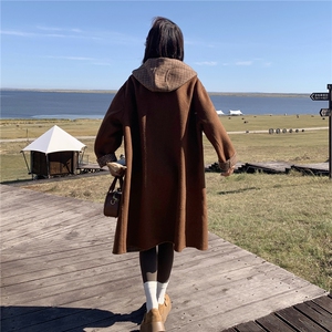 格纹拼接连帽双面呢羊毛咖色外套女秋冬2025新款今年流行爆款大衣图片