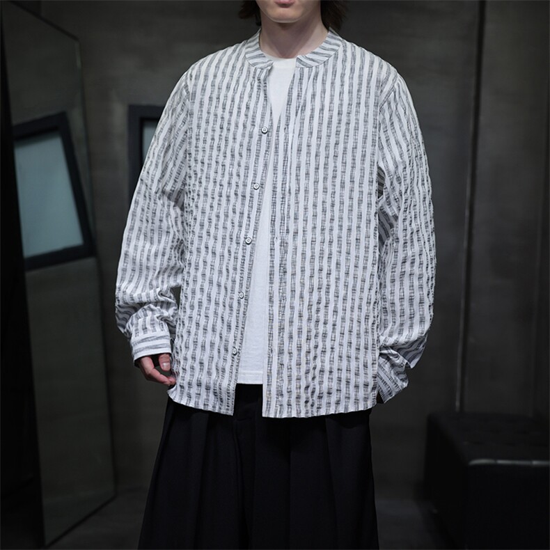 秋季新款风品质条纹长袖衬衫男立领衬衣潮新中式T2451-P68,男装衬衫,电商A227
