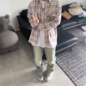 港风复古格子长袖衬衫外套男女春秋季宽松休闲防晒上衣潮C028-P40图片