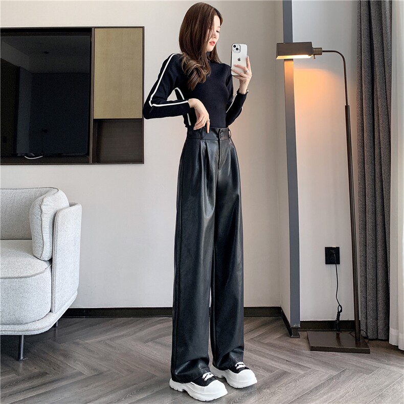 2023秋冬新款PU皮裤宽松直筒小个子高腰阔腿女裤休闲西装裤长裤,女装休闲裤,梦白服饰厂