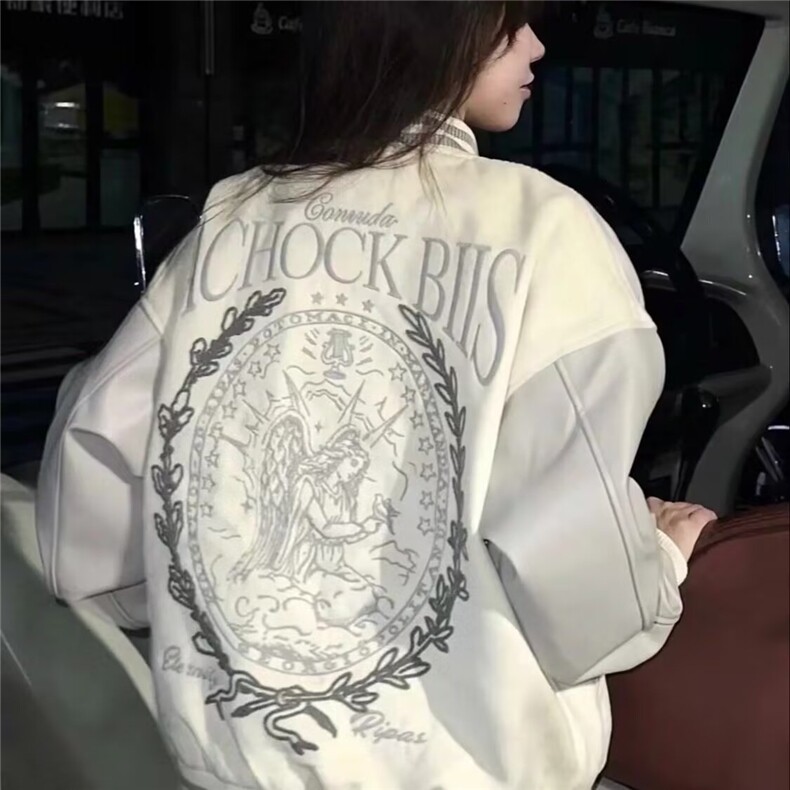 J546-P70早秋美式皮袖棒球服外套2025新款刺绣拼色潮宽松,女装短外套,电商B323A