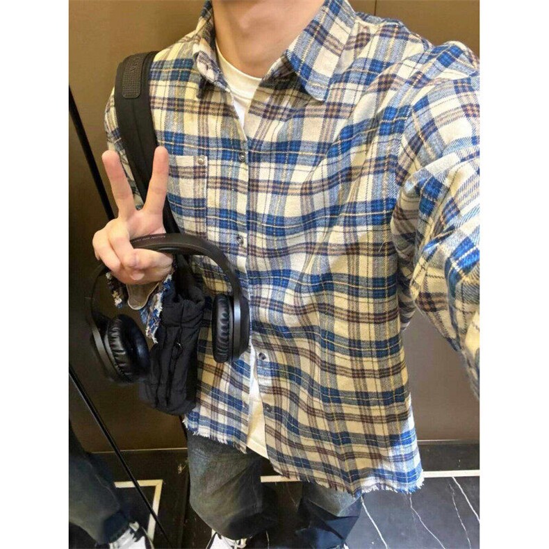美式格纹长袖衬衫复古个性撞色破坏毛边工艺格子衬衣男女潮,男装衬衫,星座506A