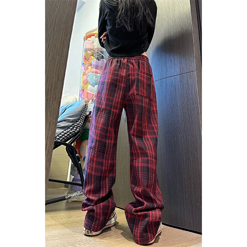 红色格子裤子男秋季潮流日杂风垂感拖地裤潮牌大码直筒宽松休闲裤,男装休闲裤,电商A001