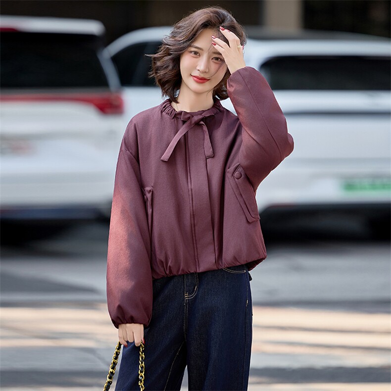 水衣源2798款纯色圆领飘带短款休闲宽松羽绒服女保暖外套,女装羽绒服,水衣源