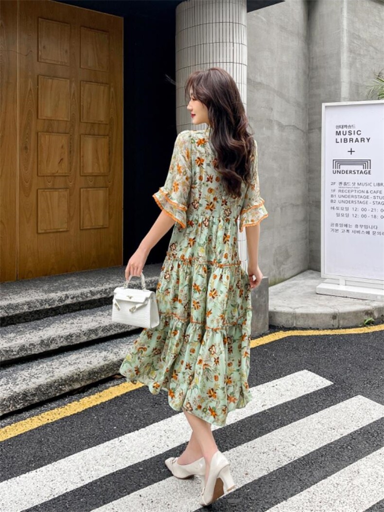 夏季新款新中式雪纺连衣裙，女装连衣裙，秀水百合