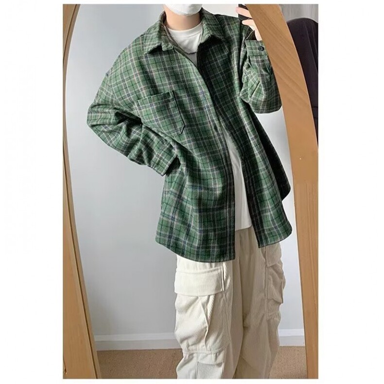 日系格子工装衬衫男通勤港味休闲长袖衬衣潮流外套1008-LC219-p50,男装衬衫,星座1008