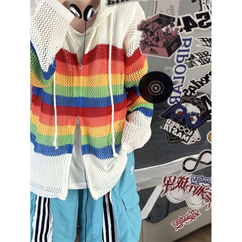 【有货】彩虹镂空连帽针织开衫男女罩衫情侣衬衫外套2401CC-特P48,男装衬衫,星座1007（原301D）
