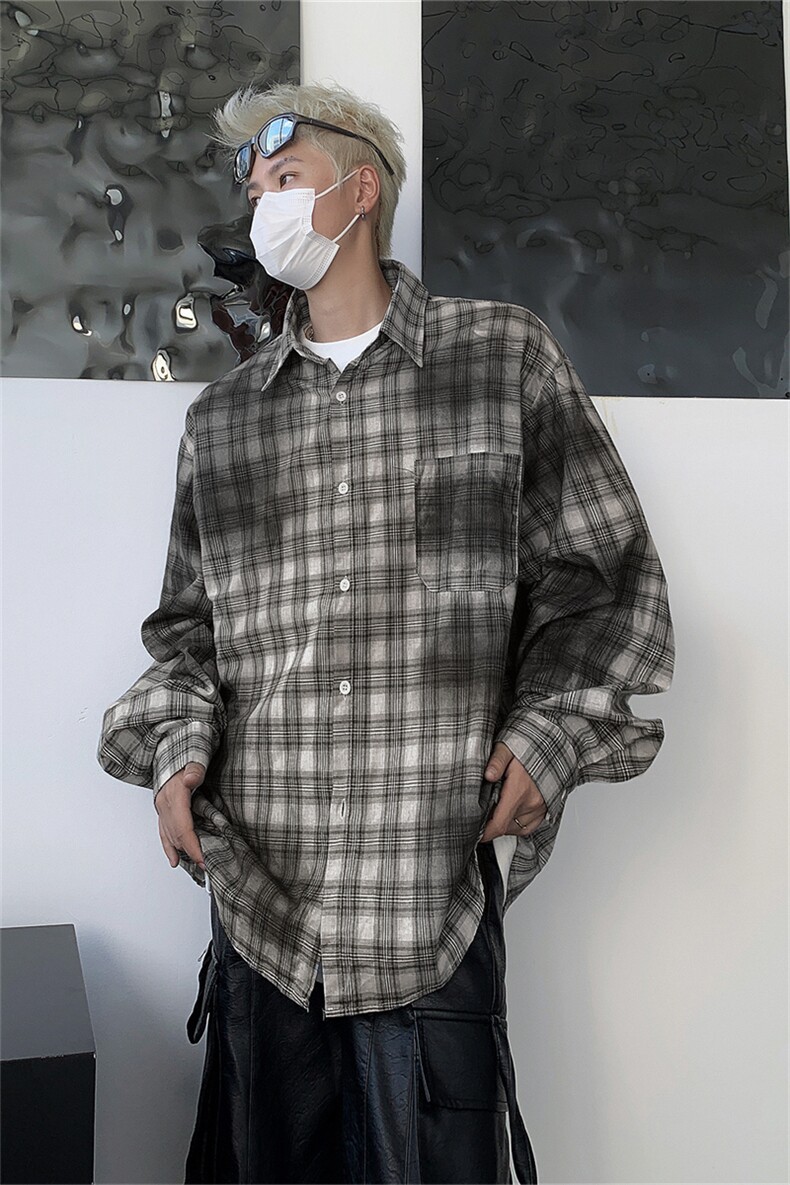 美式复古衬衫男女春秋季脏染格子衬衣宽松情侣设计感上衣,男装衬衫,星座505-2（原电商A260-1)