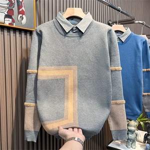 春秋冬款毛衣男拼接假两件打底衫韩版宽松上衣百搭外穿潮图片