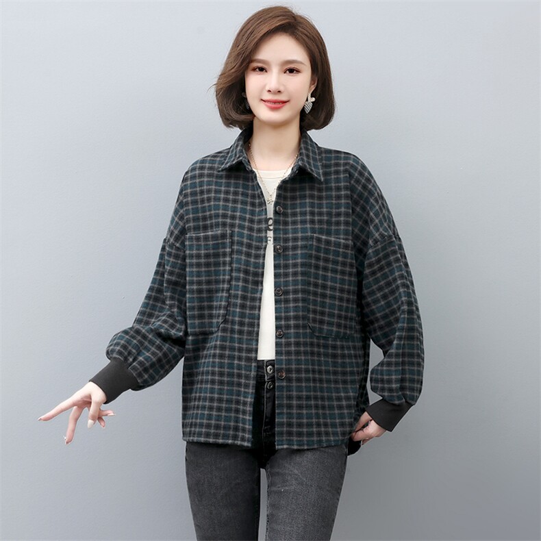 格子衬衫女长袖2022秋冬新款加厚磨毛衬衣时尚妈妈打的上衣,女装衬衫,忆绮罗