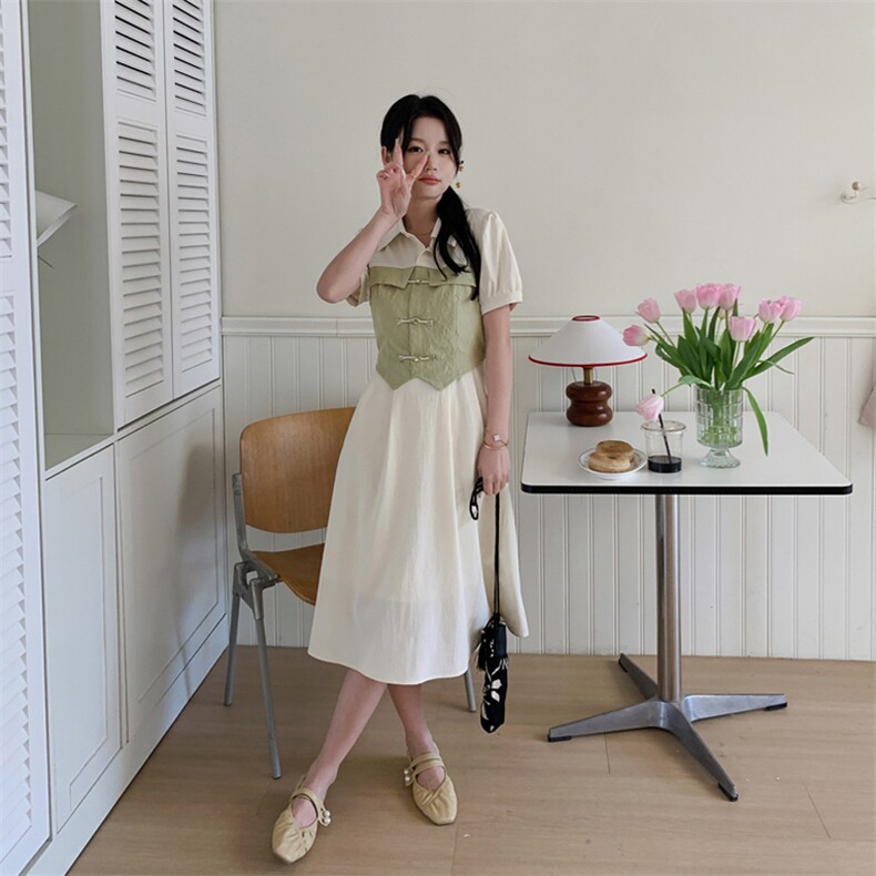 现货新款夏装2024年新中式假两件洋气减龄小个子显瘦连衣裙,女装连衣裙,乔米娜