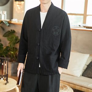 2021春秋季风亚麻夹克男复古刺绣盘扣外套QT6005-J图片