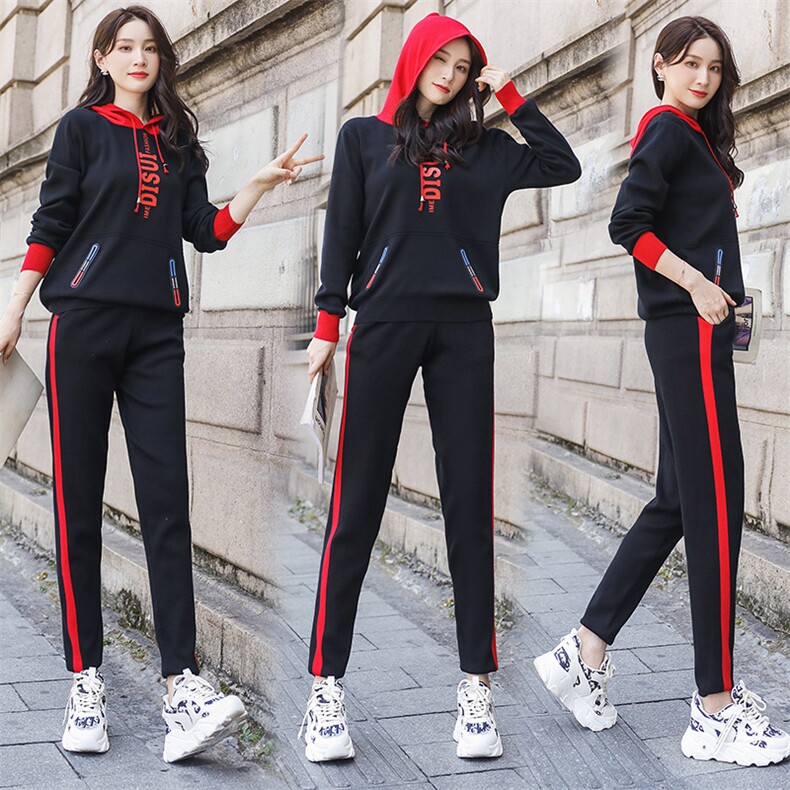 休闲时尚针织运动套装连帽撞色拼接,女装运动套装,美吧服饰