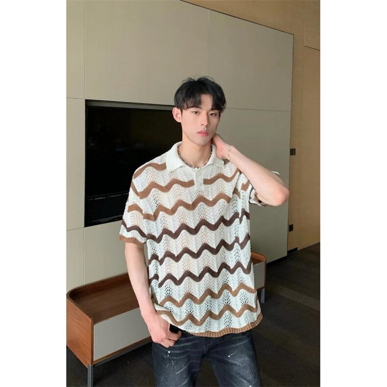 夏日高级感镂空撞色条纹翻领短袖小众设计POLO衫T恤T151,男装T恤,星座1116A（原606A-3）