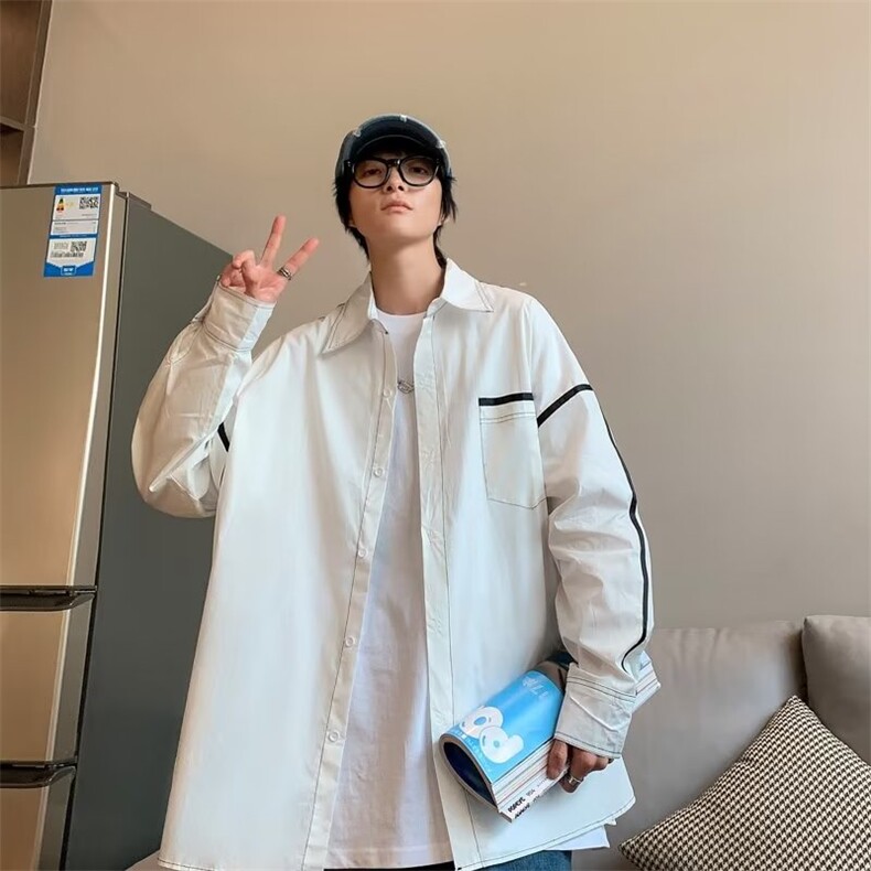 港风男女休闲衬衫长袖设计感小众针织领拼接织带衬衫LC19P33,男装衬衫,星座1116-2