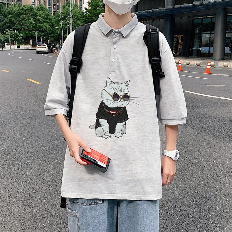 PL57044-P35 翻领短袖polo衫男大码胖子半袖t恤男有领保罗衫 模特图片