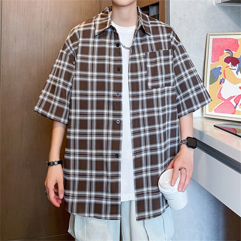 2024夏季新款港风日系复古宽松百搭翻领格子短袖衬衫男 ZC736-P35图片