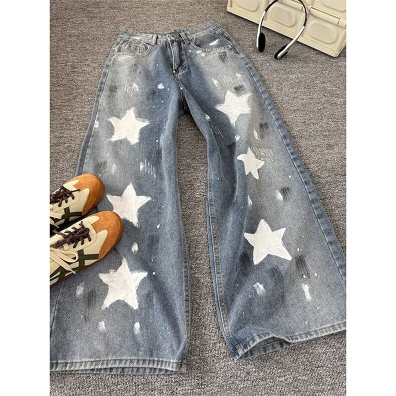 美式vibe复古百搭星星牛仔裤子宽松直筒阔腿拖地裤K71226-P49网图，男装牛仔裤，电商B245