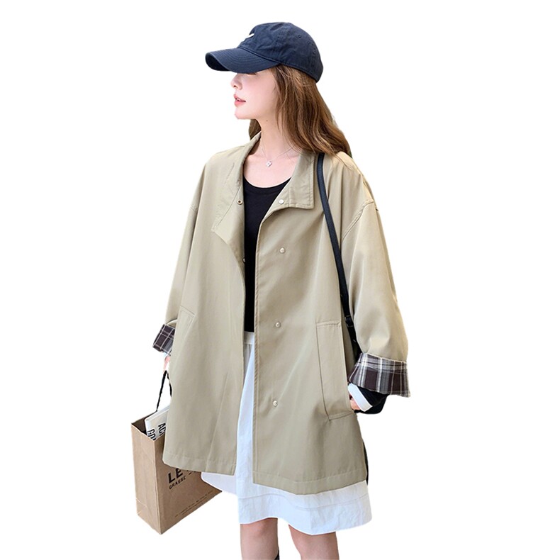 新款！格纹拼接卡其色风衣外套2c169-2565-P160K238,女装风衣,2C169