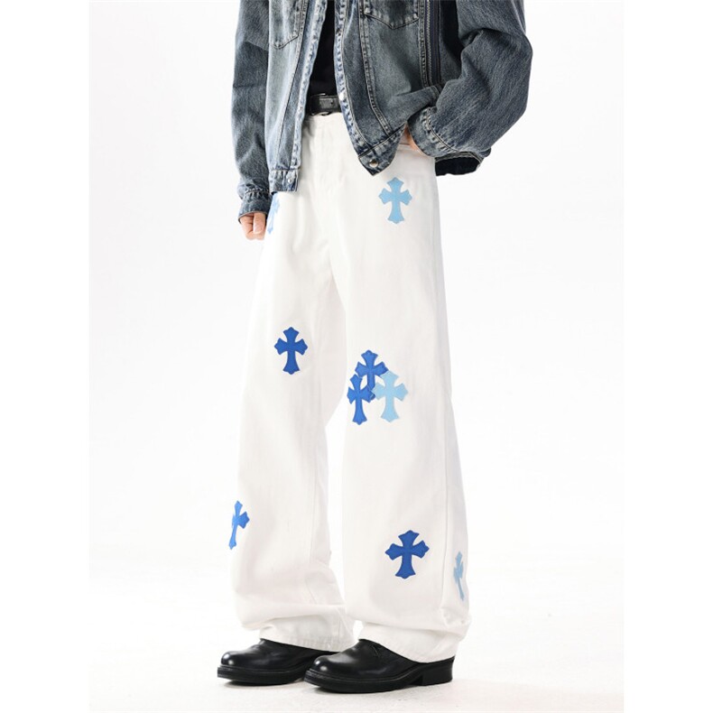 美式复古十字架贴皮设计牛仔裤潮流宽松休闲直筒裤，男装皮裤，星座410-6（原星座1304-1）
