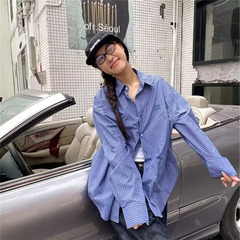 港风春秋款男女格子衬衫刺绣情侣款衬衣cs3034P33,男装衬衫,星座1013-1