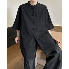 8XL-M新中式衬衫男中山装麻棉风复古中袖衬衣唐装CS527P60，男装衬衫，电商D206-1