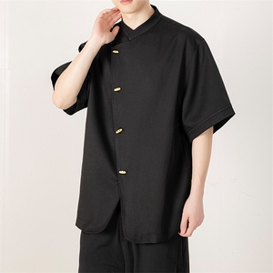 冰丝现货夏季新款风大码立领木头扣子短袖衬衫T2522-P60控89图片
