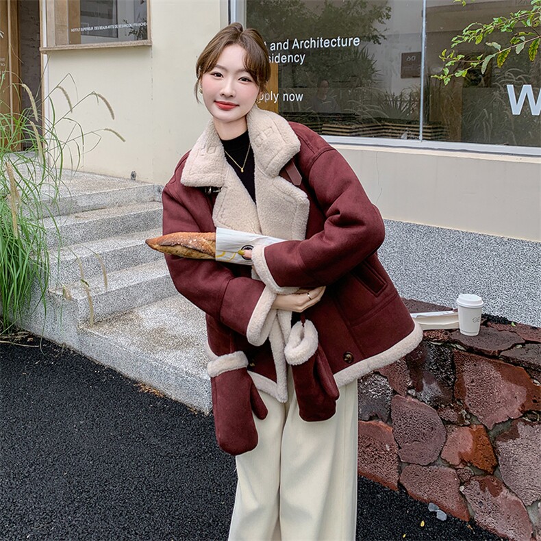 皮毛一体麂皮外套女2025冬加绒复古小个子时尚短款羊羔毛高级感厚,女装羊羔毛/颗粒绒,浙宝069