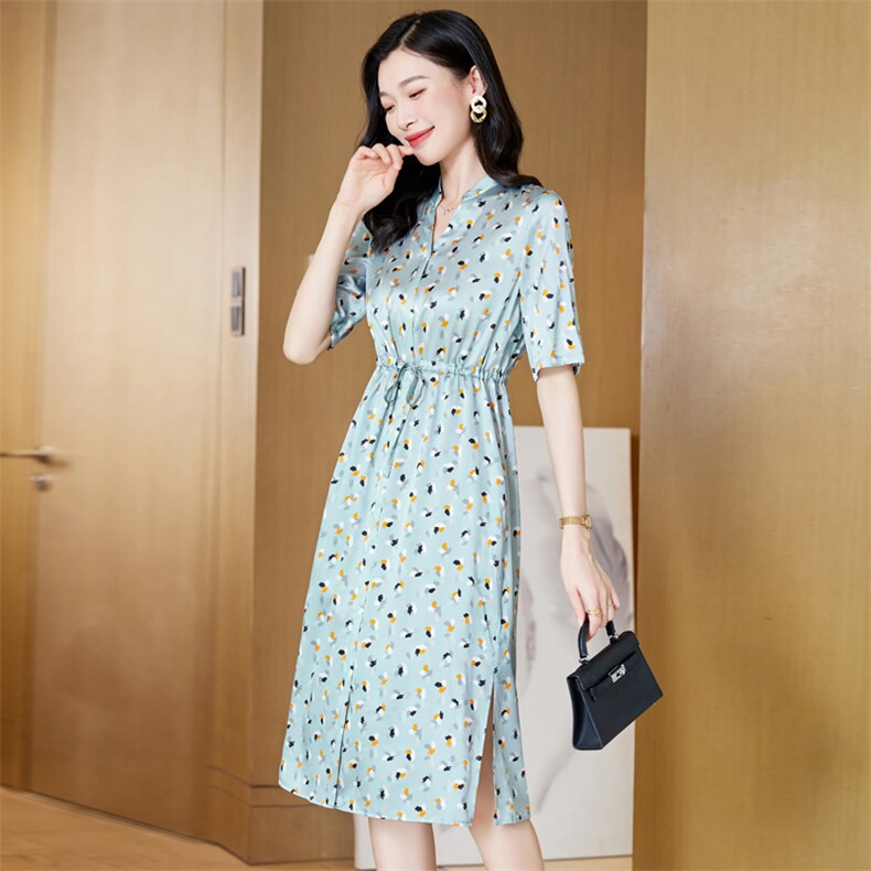 杭州真丝桑蚕丝连衣裙女2025年夏季新款气质高端精致收腰品牌碎花,女装连衣裙,阿舍尔精品