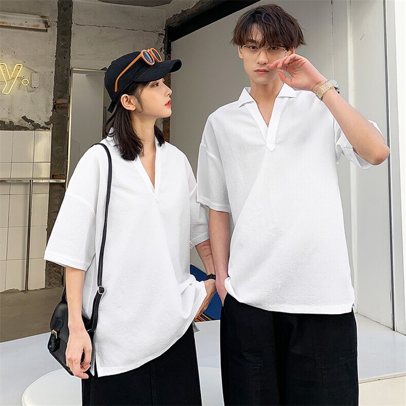 夏季现货主推大码港风情侣泡泡格翻领短袖T恤男T607P33图片