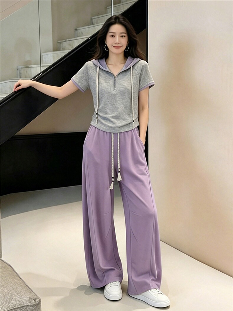 女夏季高级感休闲运动套装撞色拼接抽绳连帽短袖卫衣阔腿裤两件套,女装套装/套裙,江南