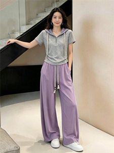 女夏季高级感休闲运动套装撞色拼接抽绳连帽短袖卫衣阔腿裤两件套图片