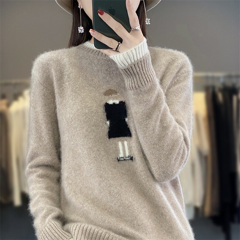 秋冬新款100%羊绒衫女双领拼色绣花毛衣宽松显瘦加厚羊毛针织打底,女装羊毛衫,蒙特羊绒
