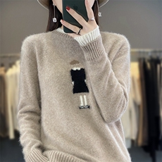 秋冬新款100%羊绒衫女双领拼色绣花毛衣宽松显瘦加厚羊毛针织打底，女装羊毛衫，蒙特羊绒