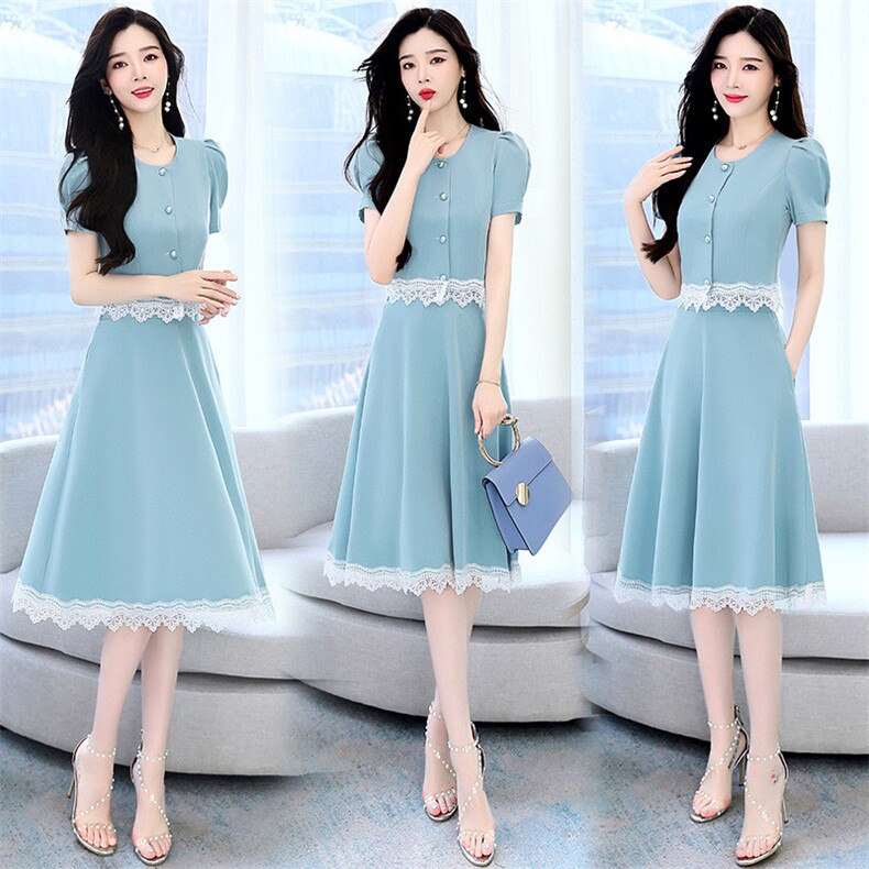 2023夏装新款淑女拼接蕾丝圆领单排扣气质短袖两件套，女装套装/套裙，芭米依尚