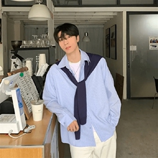 抖音得物品质二开春装美式潮牌披肩条纹长袖衬衫男女休闲宽松衬衣，男装衬衫，电商A443