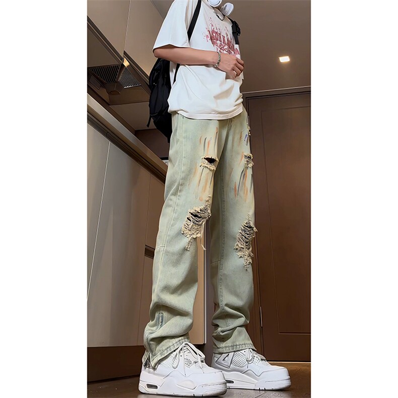 B221美式ins高街暗黑小众拉链喷墨破洞牛仔裤LK23085-P65控88,男装牛仔裤,电商B221