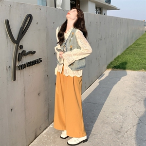 设计感小众蕾丝衬衫刺绣牛仔马甲三件套女2025秋季新款复古阔腿裤图片