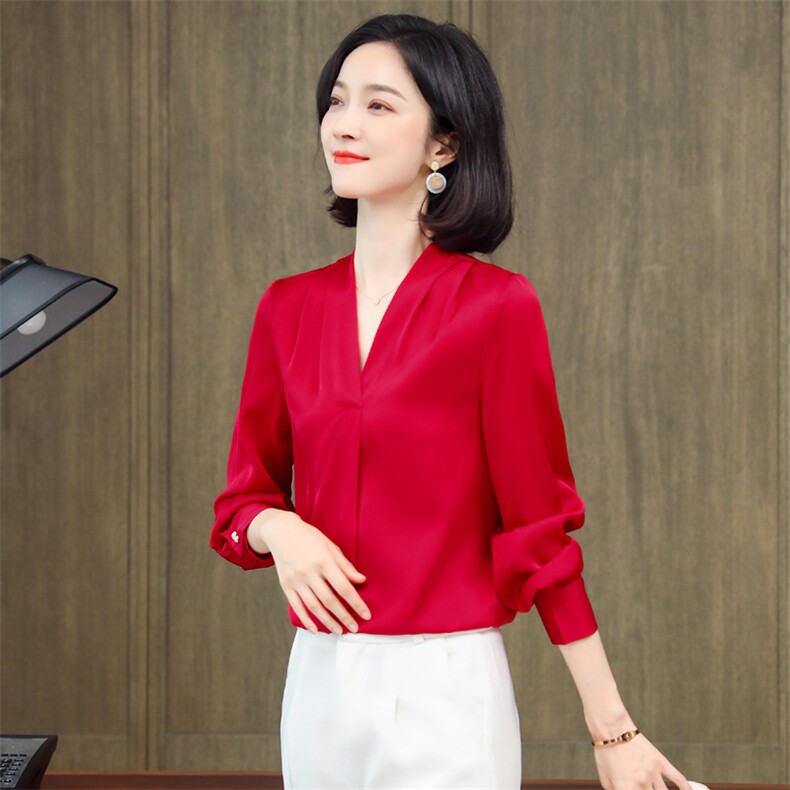 白色真丝衬衫女长袖时尚洋气V领大牌重磅桑蚕丝上衣2024秋季新款图片