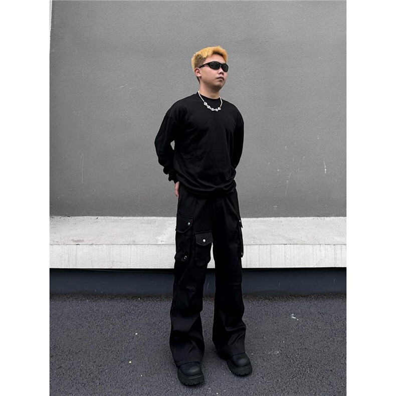 美式高街vibe机能风多口袋伞兵工装裤男女褶皱设计休闲微喇裤潮牌，男装工装外套，星座506A