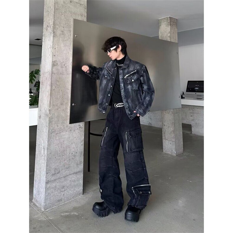 高质量复古水洗做旧垫肩扎染牛仔外套男女小众拉链设计感夹克上衣,男装工装外套,星座1013