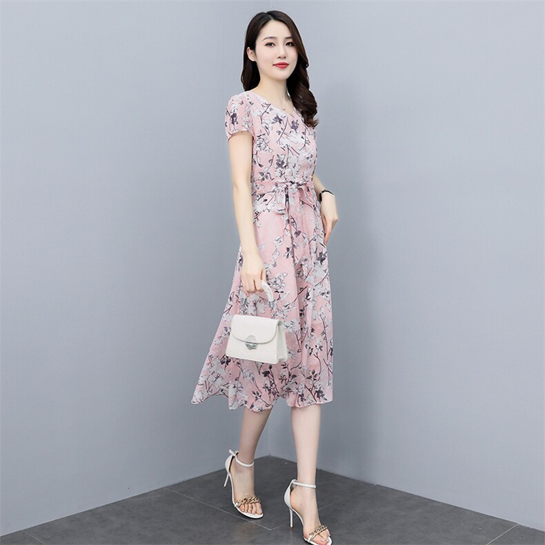 时尚印花雪纺连衣裙女短袖2023夏新款高级感有女人味过膝长裙显瘦,女装连衣裙,牡丹诺